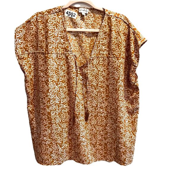 Wonderly Orange Geometric Top XXL Short Sleeve Blouse V Neck Boho Peasant Tie - Picture 1 of 9